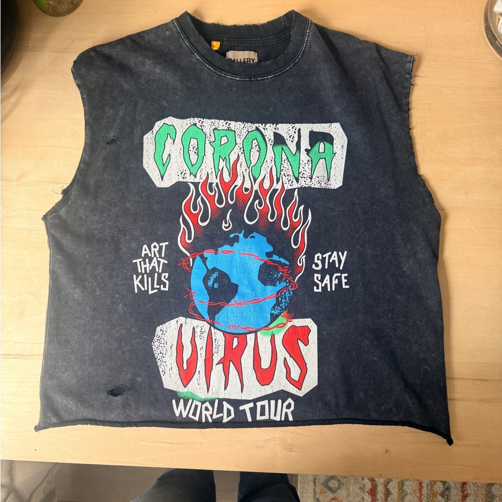 Gallery Dept. Distressed Black Cut off and distressed Corona Virus Tee -  Small